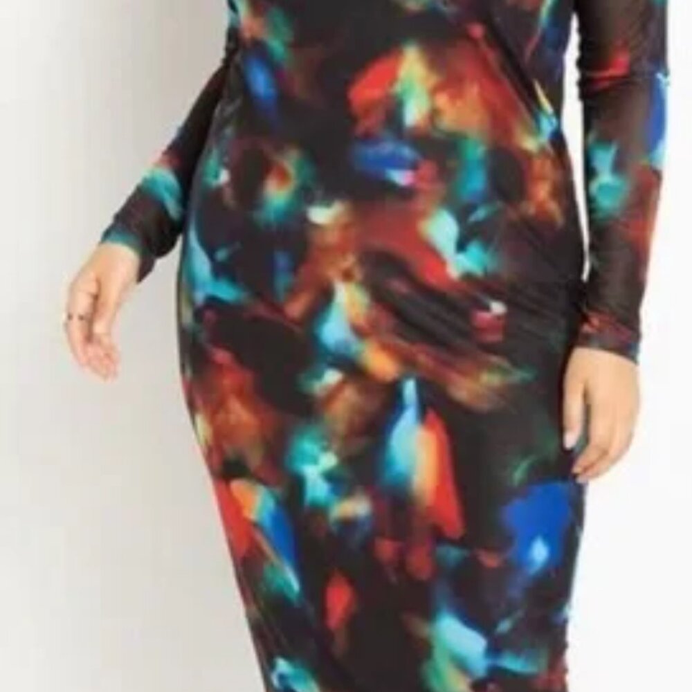 ELOQUII Floating Mock Neck Mesh Dress | Kaleidoscope Print | Size 16 | Bold & Be